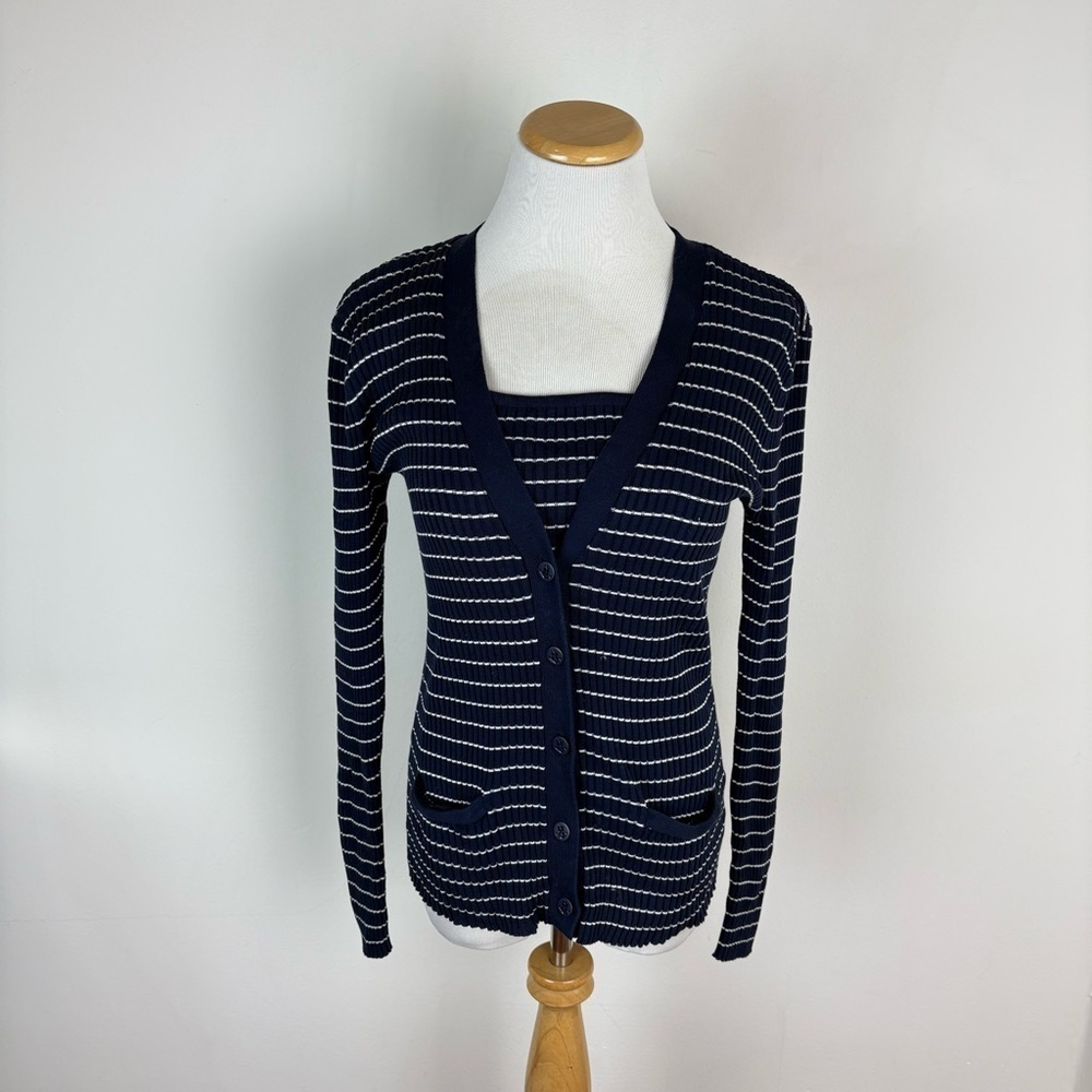 Lauren Ralph Lauren 2 Piece Cardigan Sweater Set Striped Navy Size M 100% Cotton